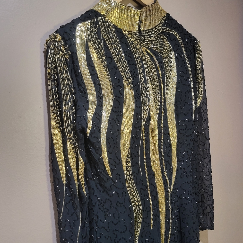 Vintage black & gold full length silk beaded formal gown - Picture 9 of 13